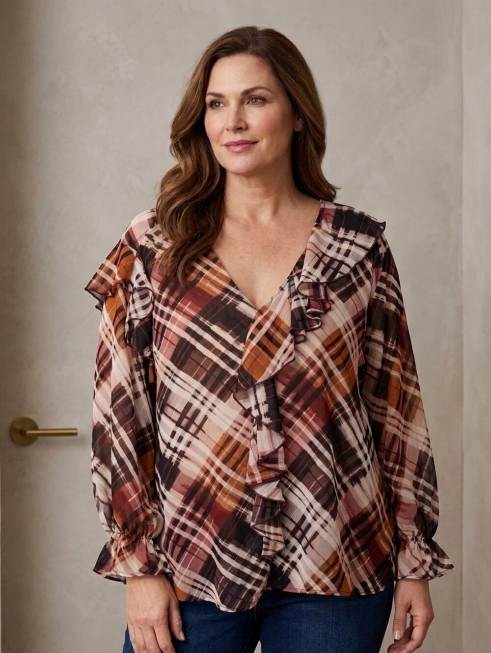 Cato Plaid Ruffle V-Neck Blouse XL Sheer Chiffon Long Sleeve Top